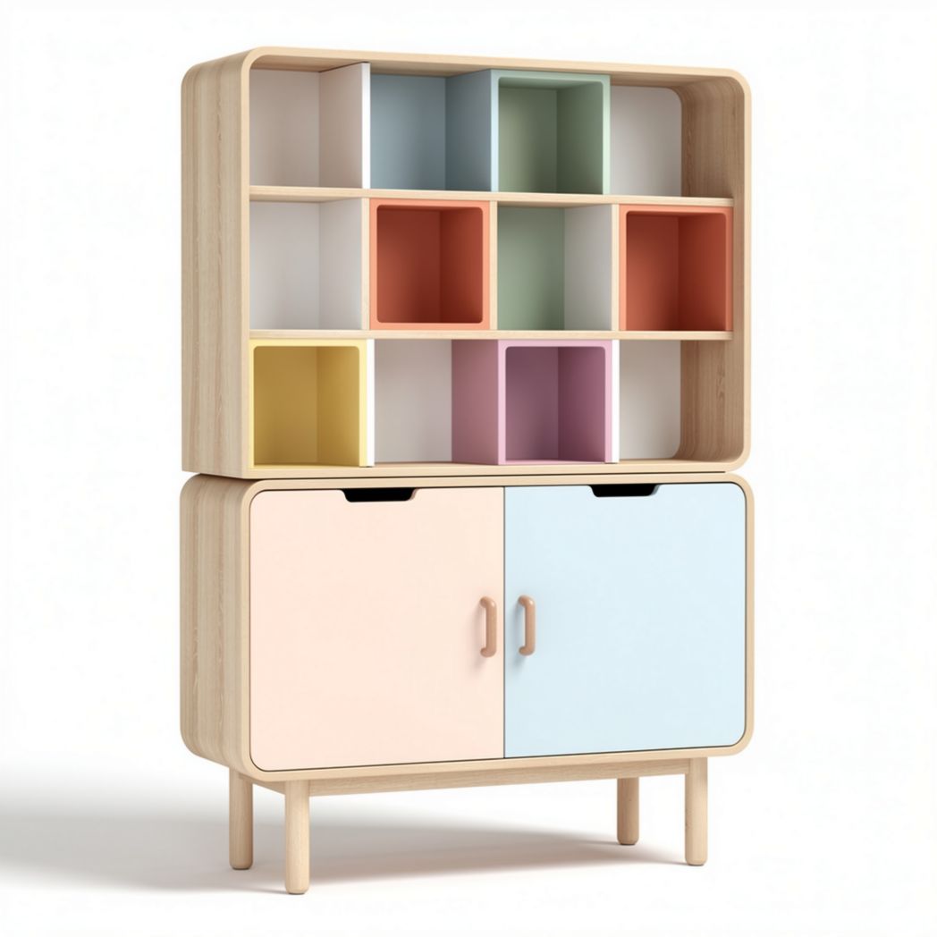 Kids storage cabinet with pastel colored bins and wood frame 90 x 40 x 120cm