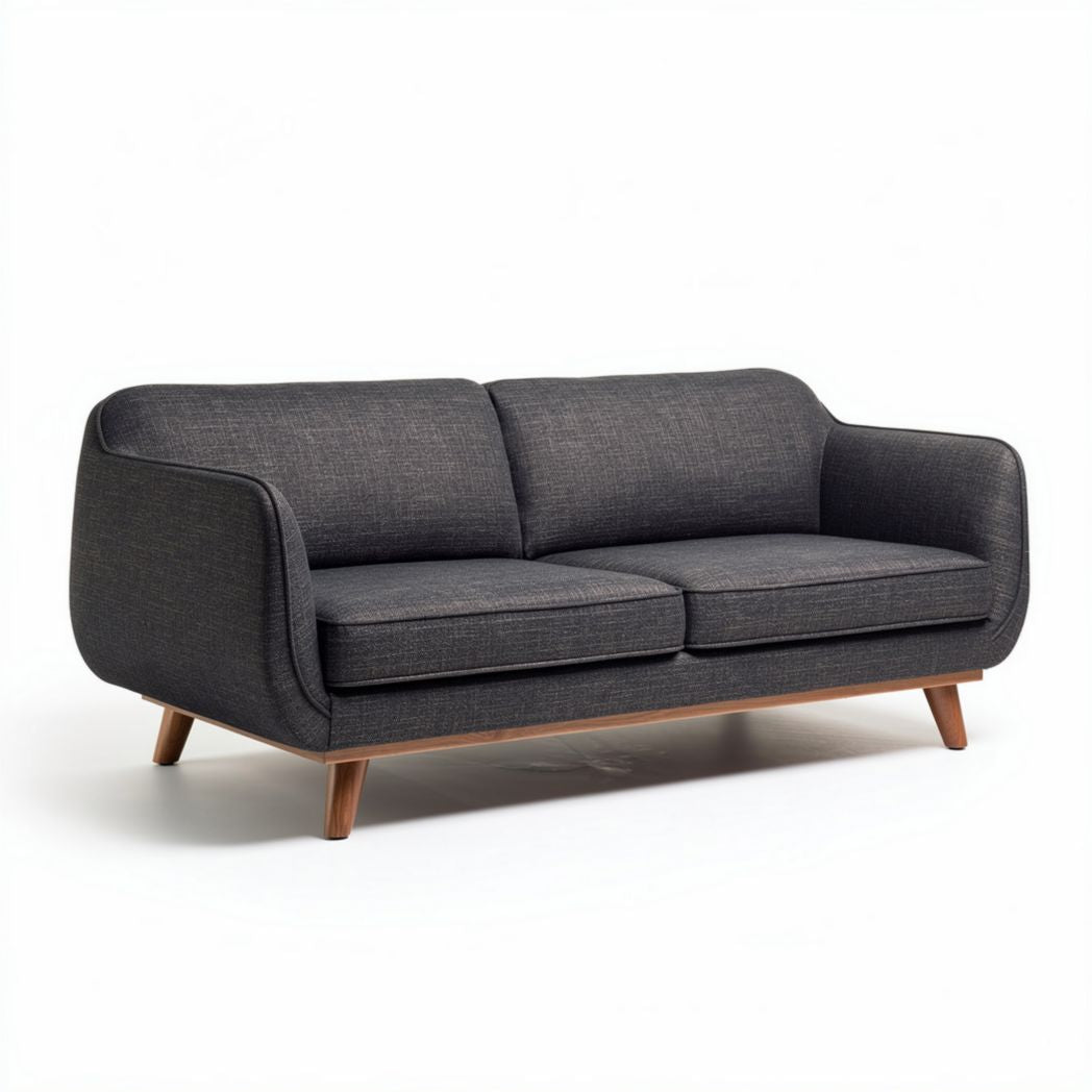 Mid-century modern gray fabric sofa with wooden legs 180 x 80 x 85cm