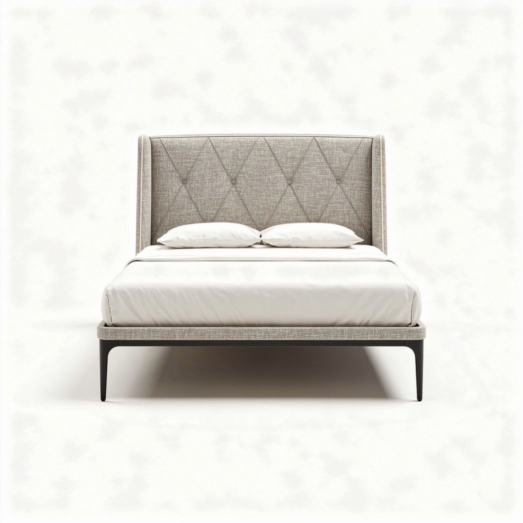 Upholstered bed frame with diamond tufted headboard and wooden legs 200 x 160 x 100cm