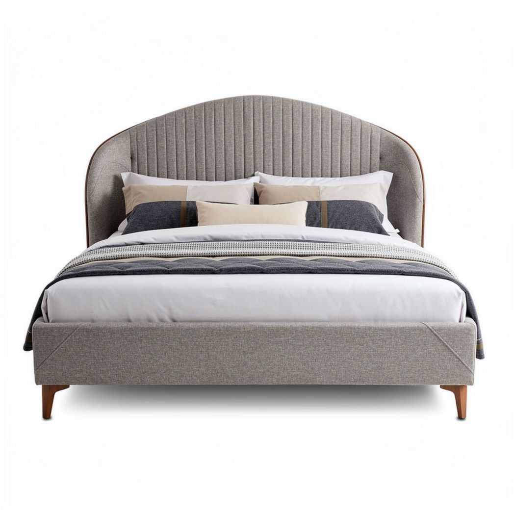 Upholstered bed frame with curved headboard in gray fabric 200 x 160 x 120cm