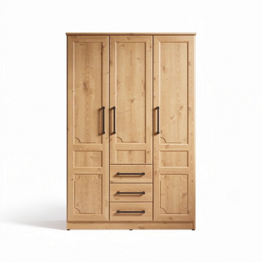 Wooden three-door wardrobe with drawers for bedroom storage 180 x 90 x 45cm