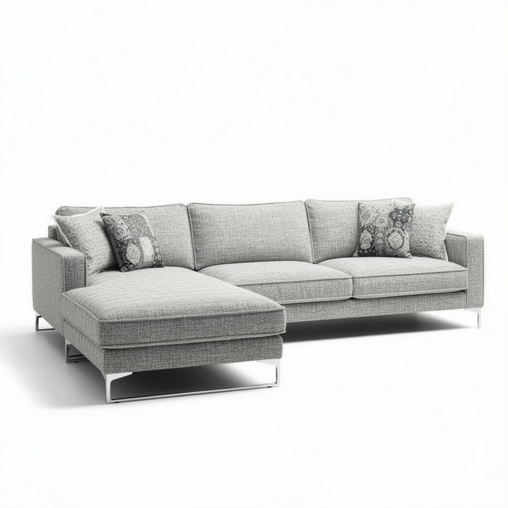 Light gray sectional sofa with modern design and plush upholstery measures 240 x 90 x 85cm