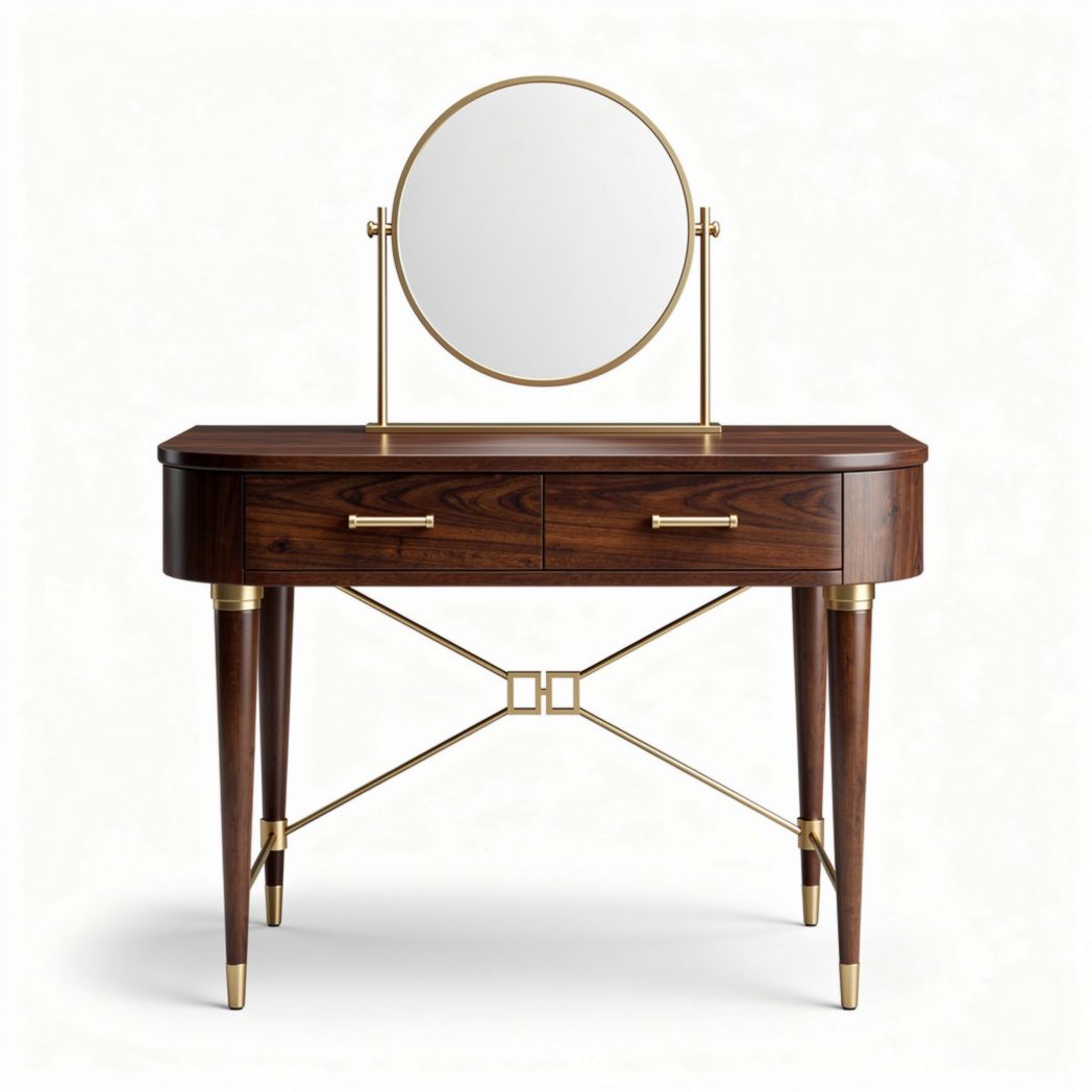 Wooden vanity table with round mirror and gold metal accents 80 x 40 x 75cm