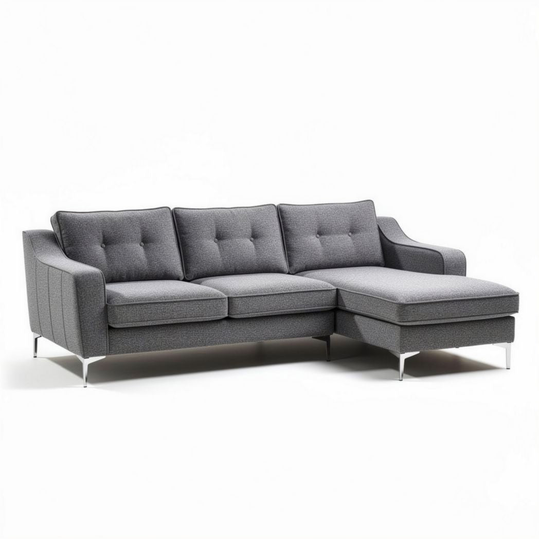 Gray fabric sectional sofa with chrome legs 200 x 90 x 85cm
