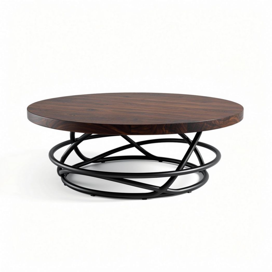 Round coffee table with wooden top and black metal base 90 x 90 x 40cm