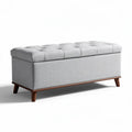 Tufted storage bench in light gray fabric with wood legs 90 x 40 x 45cm