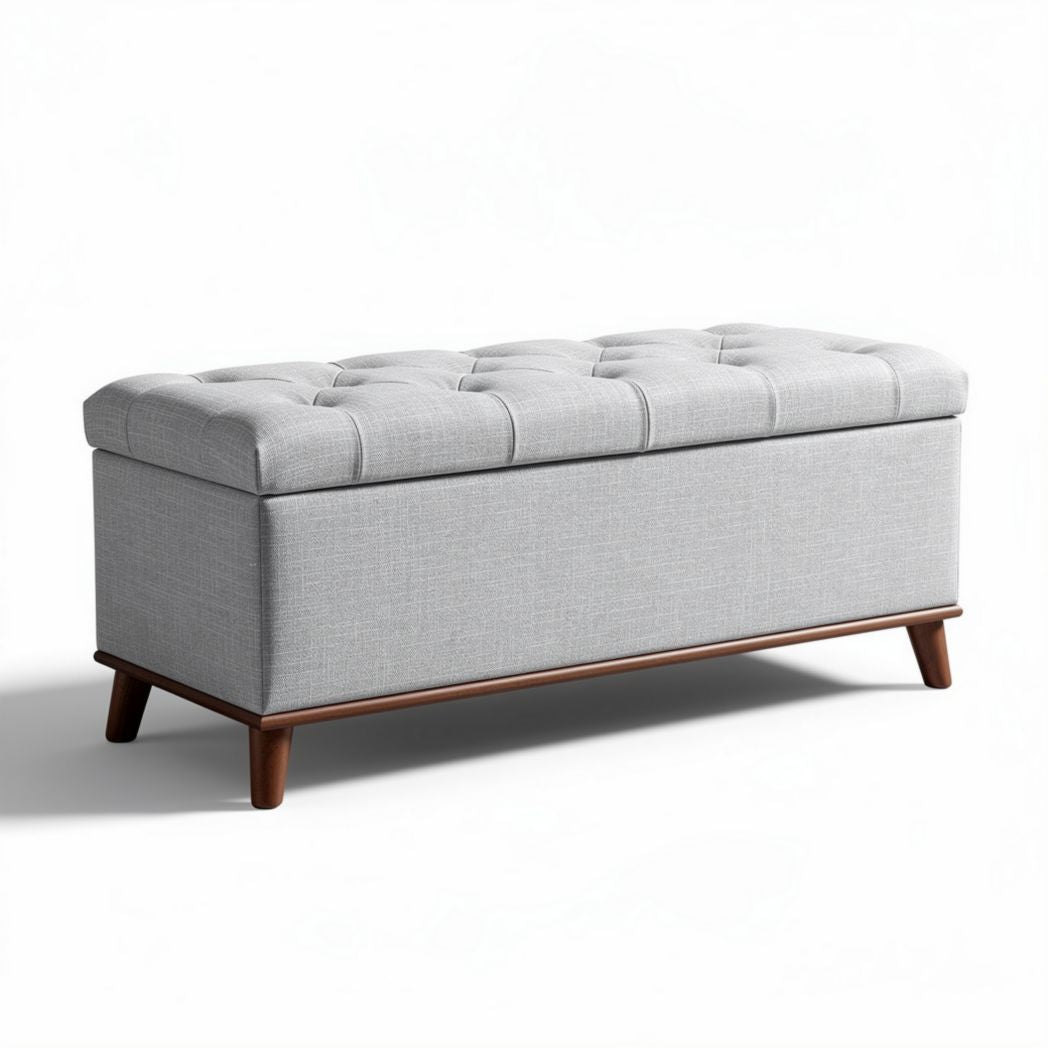 Tufted storage bench in light gray fabric with wood legs 90 x 40 x 45cm
