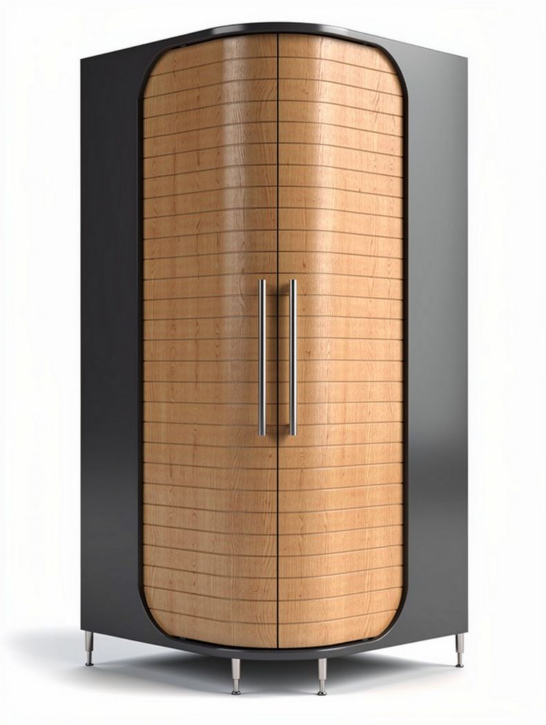 Corner cabinet with maple wood front and black metal frame 90 x 60 x 180cm